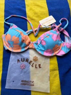 Aurelle Blue Pink Orange Floral Bikini Top